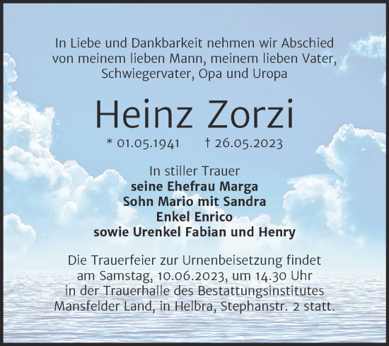 Traueranzeige von Heinz Zorzi von Trauerkombi Mansfelder Land