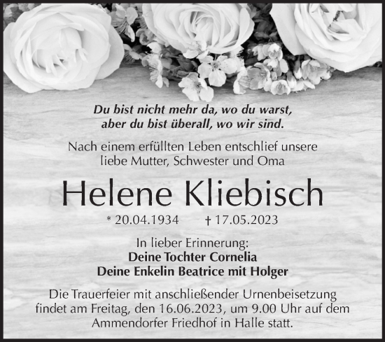 Traueranzeige von Helene Kliebisch von Mitteldeutsche Zeitung Halle/Saalkreis