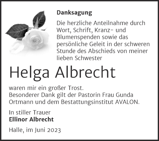 Traueranzeige von Helga Albrecht von Mitteldeutsche Zeitung Halle/Saalkreis