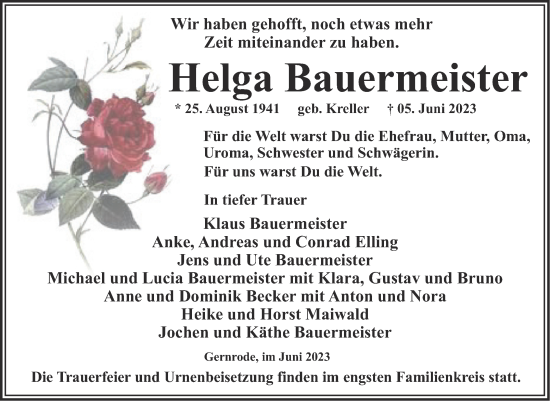 Traueranzeige von Helga Bauermeister von Trauerkombi Quedlinburg