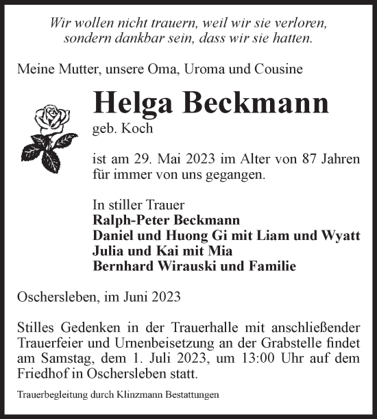 Traueranzeige von Helga Beckmann von Volksstimme Oschersleben/Wanzleben