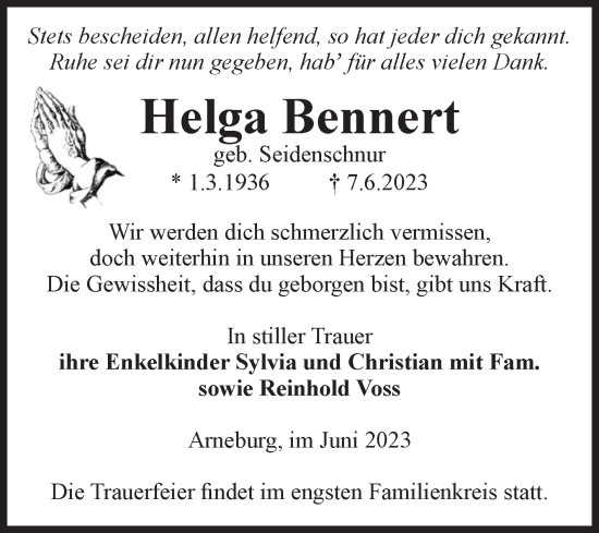Traueranzeige von Helga Bennert von Volksstimme Altmark Ost