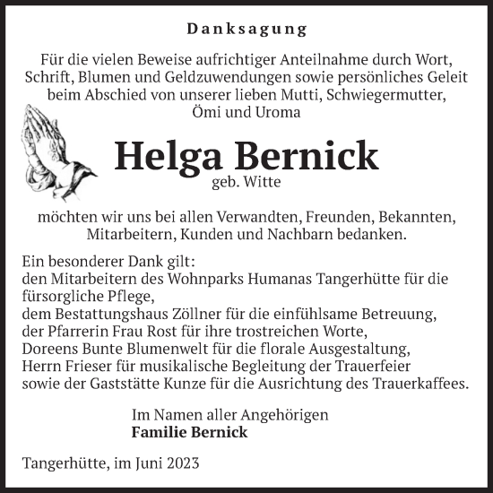Traueranzeige von Helga Bernick von Volksstimme Altmark Ost