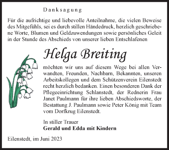 Traueranzeige von Helga Breiting von Volksstimme Halberstadt