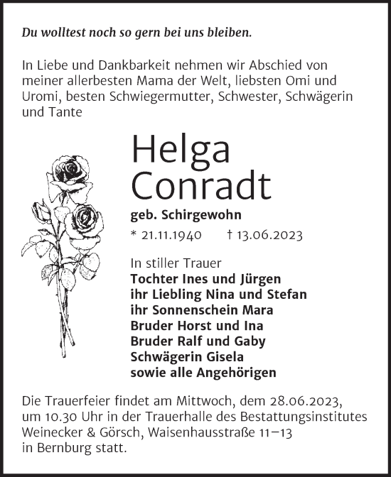 Traueranzeige von Helga Conradt von Trauerkombi Bernburg