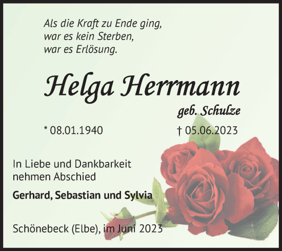 Traueranzeige von Helga Herrmann von Volksstimme Schönebeck
