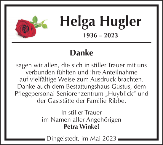 Traueranzeige von Helga Hugler von Volksstimme Halberstadt