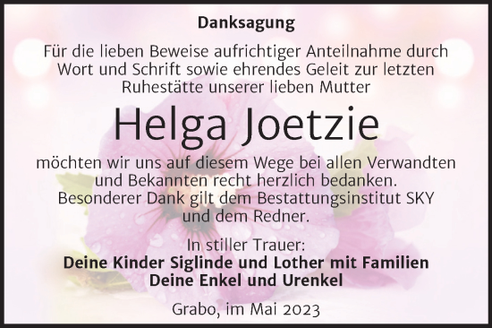 Traueranzeige von Helga Joetzie von Trauerkombi Wittenberg