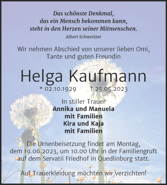 Traueranzeige von Helga Kaufmann von Trauerkombi Quedlinburg