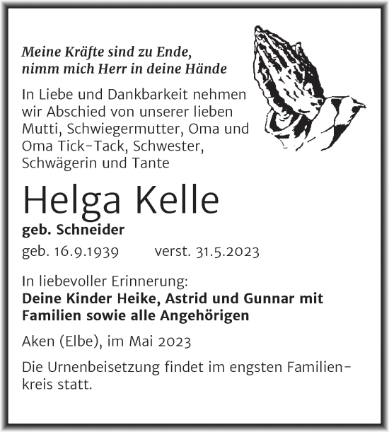 Traueranzeige von Helga Kelle von Trauerkombi Köthen
