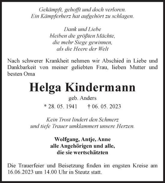 Traueranzeige von Helga Kindermann 