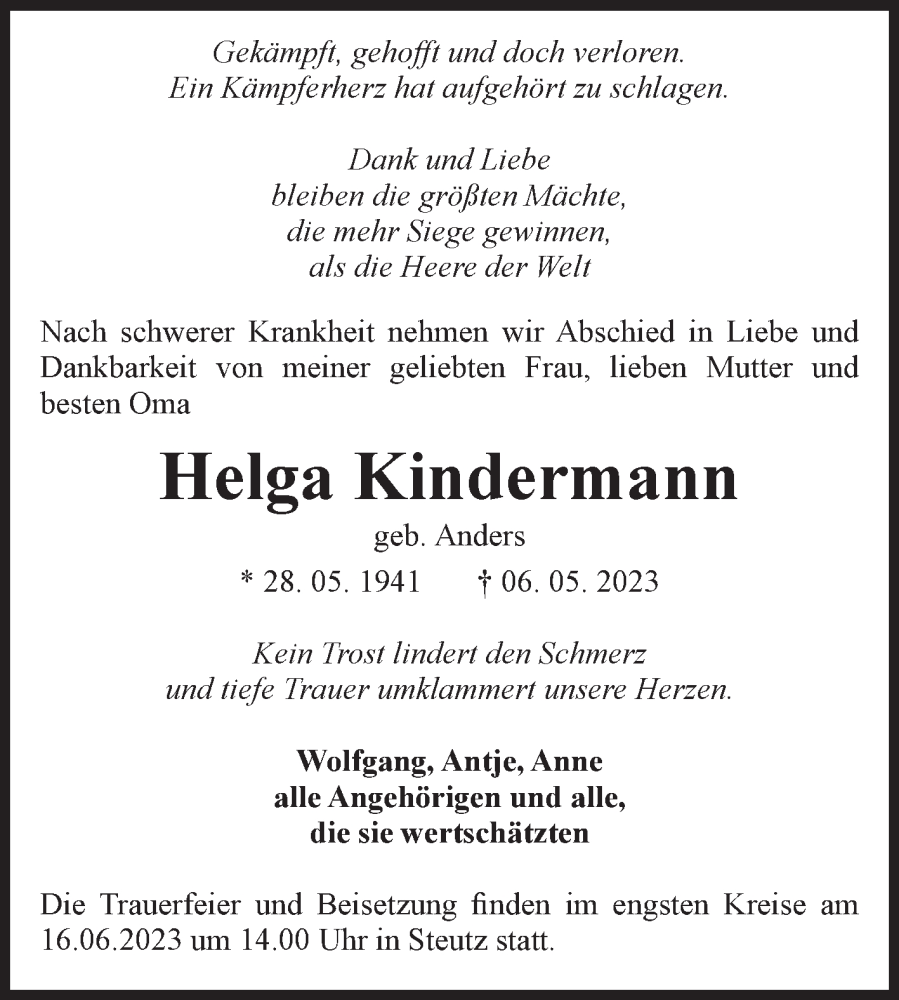  Traueranzeige für Helga Kindermann vom 03.06.2023 aus Trauerkombi Bitterfeld