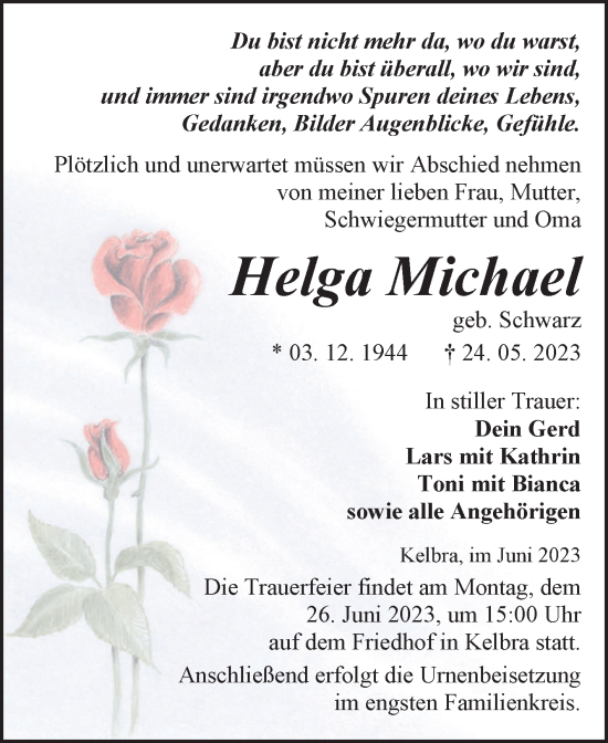 Traueranzeige von Helga Michael von Trauerkombi Sangerhausen
