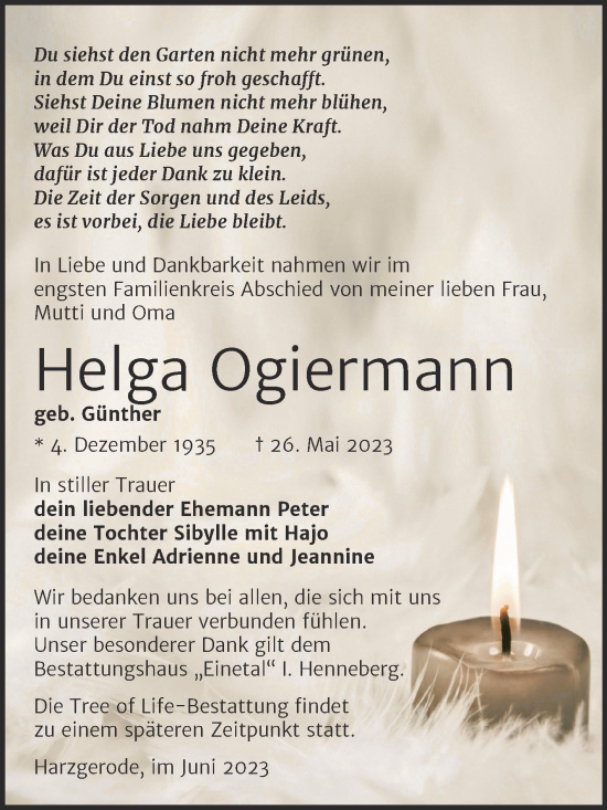 Traueranzeige von Helga Ogiermann von Trauerkombi Quedlinburg