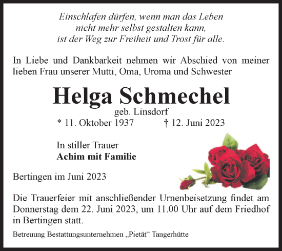 Traueranzeige von Helga Schmechel von Volksstimme Altmark Ost