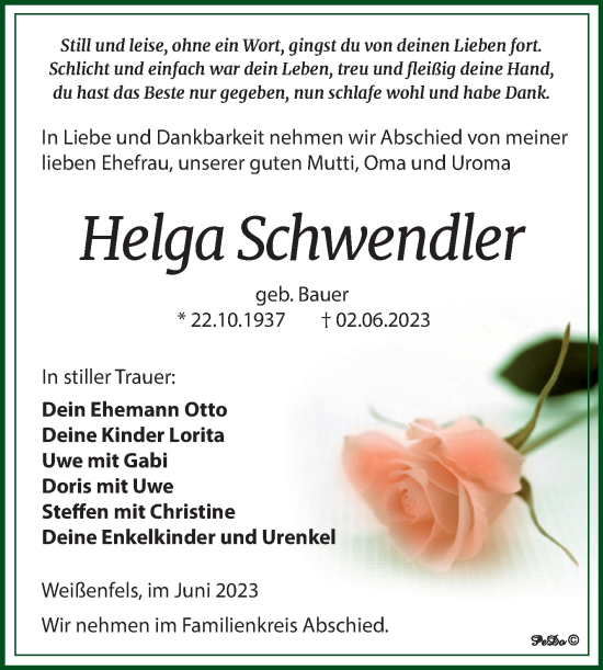 Traueranzeige von Helga Schwendler von Trauerkombi Weißenfels