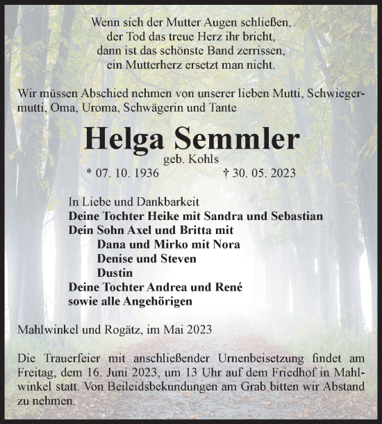 Traueranzeige von Helga Semmler von Volksstimme Haldensleben/Wolmirstedt