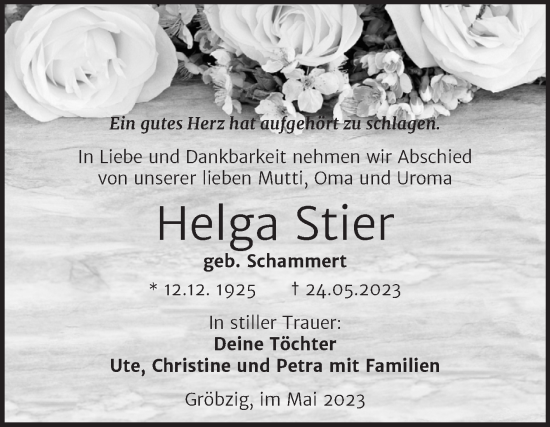 Traueranzeige von Helga Stier von Trauerkombi Köthen