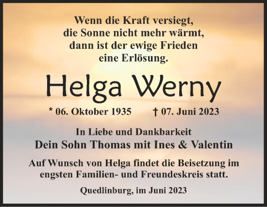 Traueranzeige von Helga Werny von Trauerkombi Quedlinburg