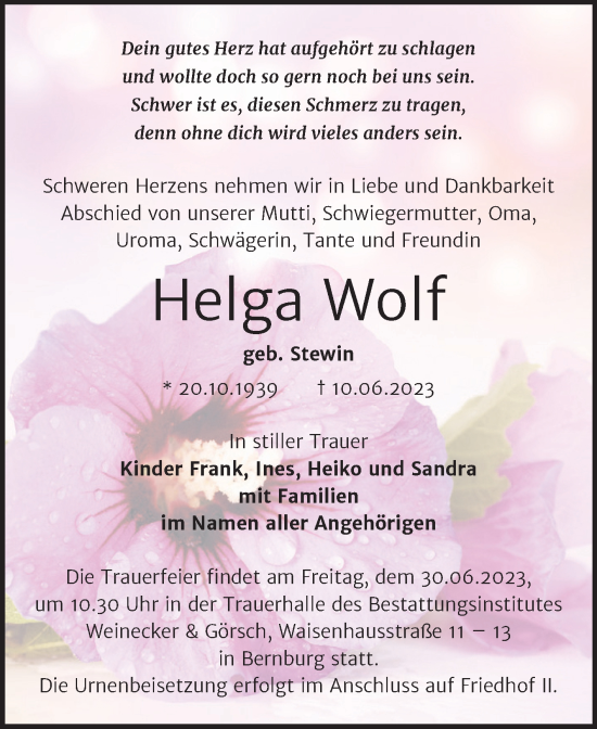 Traueranzeige von Helga Wolf von Trauerkombi Bernburg