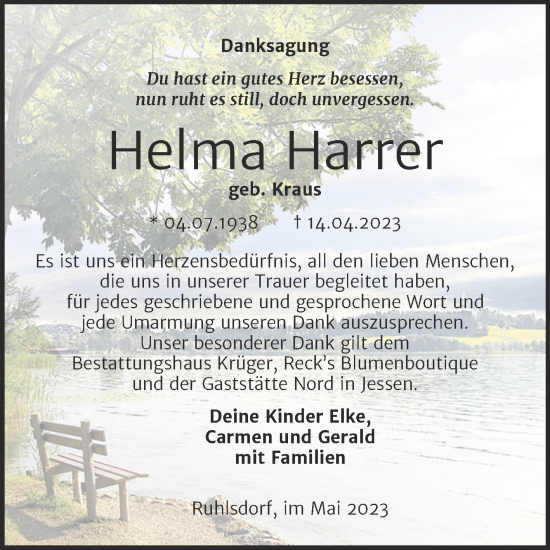 Traueranzeige von Helma Harrer von Trauerkombi Wittenberg
