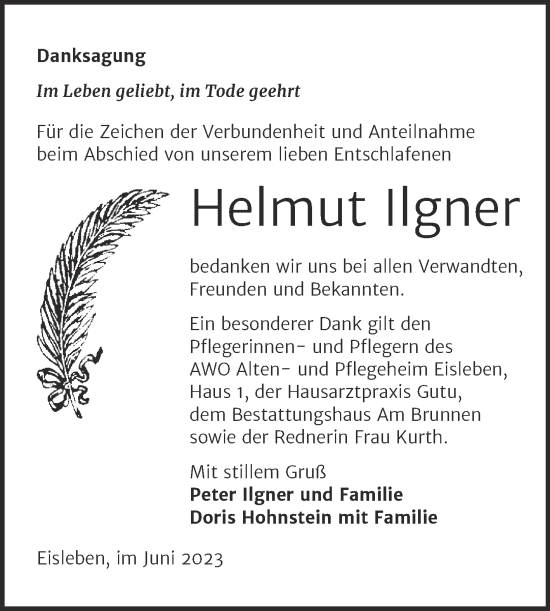 Traueranzeige von Helmut Ilgner von Trauerkombi Mansfelder Land