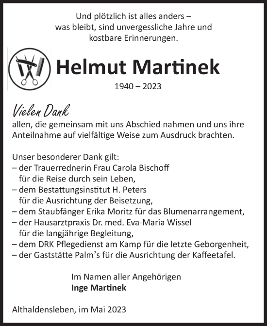 Traueranzeige von Helmut Martinek von Volksstimme Haldensleben/Wolmirstedt