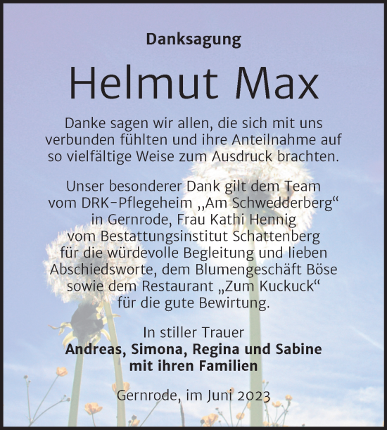 Traueranzeige von Helmut Max von Trauerkombi Quedlinburg