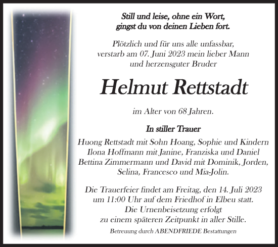 Traueranzeige von Helmut Rettstadt von Volksstimme Haldensleben/Wolmirstedt