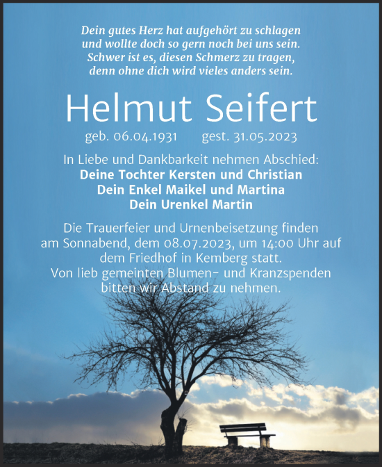 Traueranzeige von Helmut Seifert von Trauerkombi Wittenberg