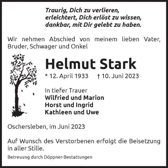 Traueranzeige von Helmut Stark von Volksstimme Oschersleben/Wanzleben