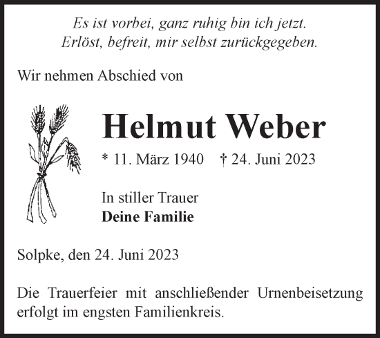 Traueranzeige von Helmut Weber von Volksstimme Altmark West