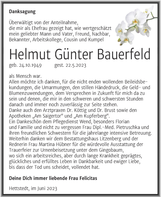 Traueranzeige von Helmut Günter Bauerfeld von Trauerkombi Mansfelder Land