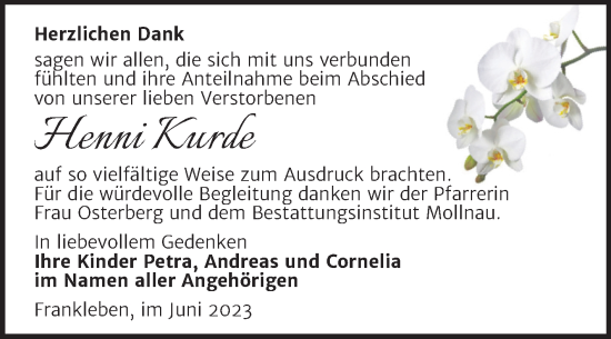 Traueranzeige von Henni Kurde von Trauerkombi Merseburg