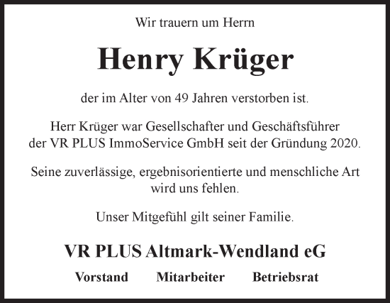 Traueranzeige von Henry Krüger 