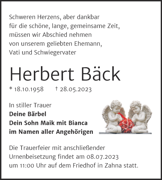 Traueranzeige von Herbert Bäck von Trauerkombi Wittenberg
