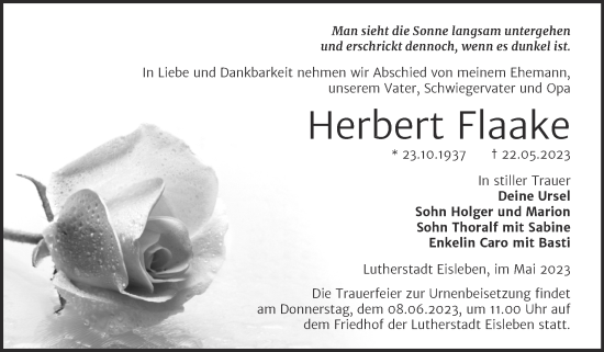 Traueranzeige von Herbert Flacke von Trauerkombi Mansfelder Land