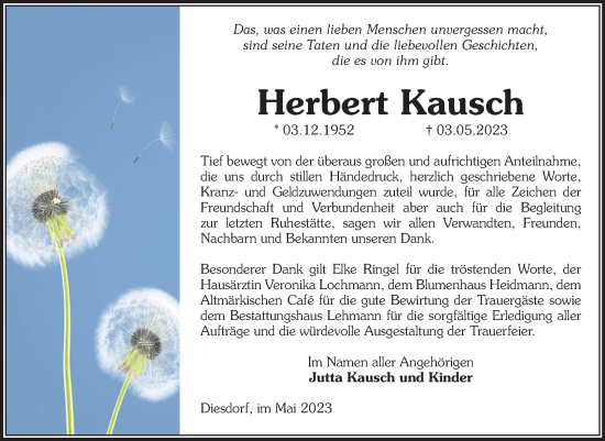 Traueranzeige von Herbert Kausch von Volksstimme Altmark West