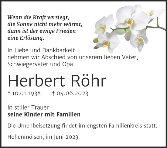 Traueranzeige von Herbert Röhr von Trauerkombi Weißenfels