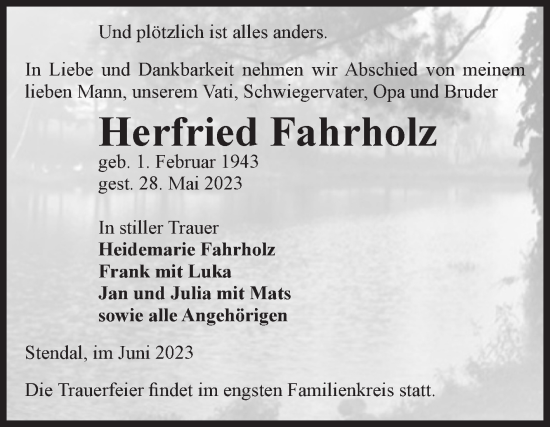 Traueranzeige von Herfried Fahrholz von Volksstimme Altmark Ost