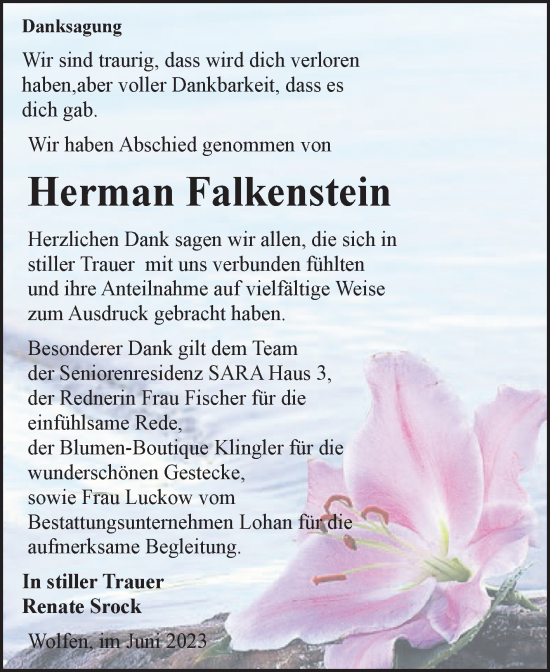 Traueranzeige von Herman Falkenstein von Wochenspiegel Bitterfeld