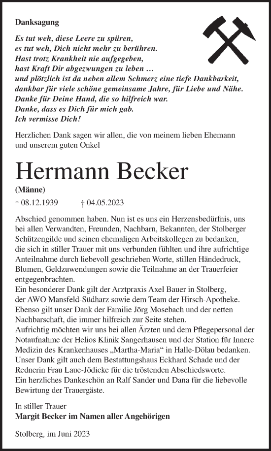 Traueranzeige von Hermann Becker von Trauerkombi Sangerhausen