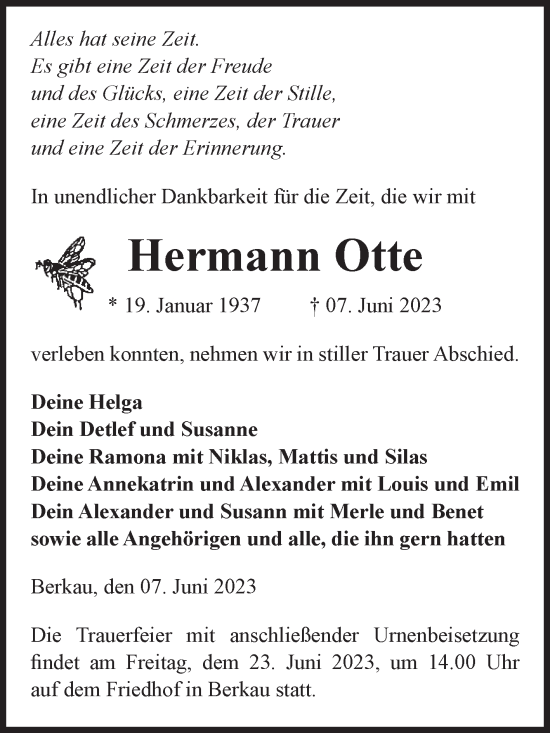 Traueranzeige von Hermann Otte von Volksstimme Altmark Ost