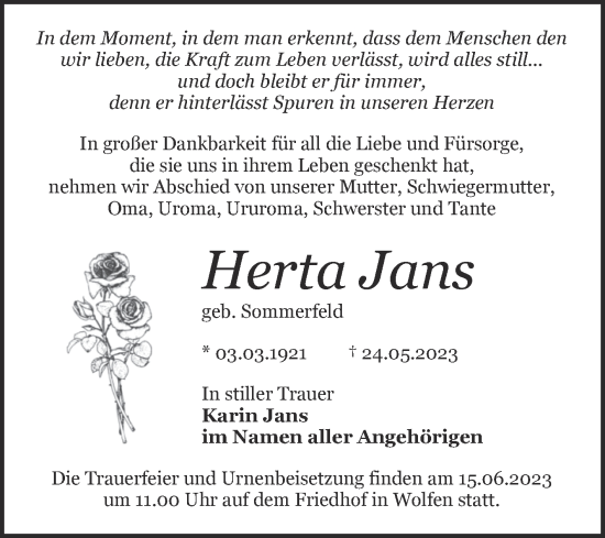 Traueranzeige von Herta Jans von Trauerkombi Bitterfeld