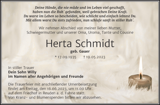 Traueranzeige von Herta Schmidt von Trauerkombi Merseburg