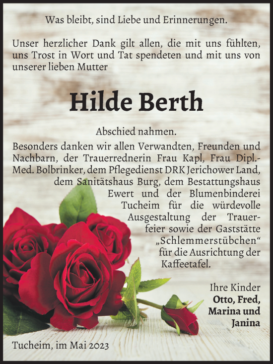 Traueranzeige von Hilde Berth von Volksstimme Burg/Genthin