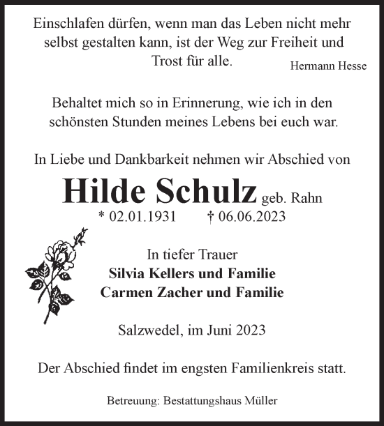 Traueranzeige von Hilde Schulz von Volksstimme Altmark West
