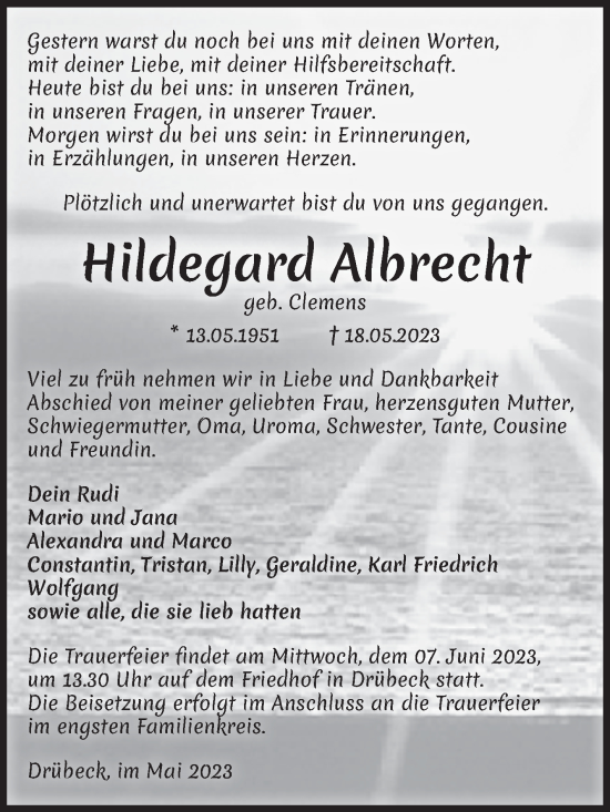 Traueranzeige von Hildegard Albrecht von Volksstimme Wernigerode