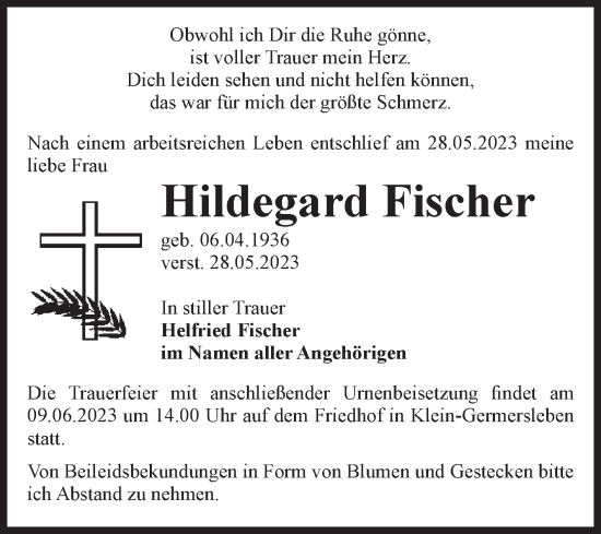 Traueranzeige von Hildegard Fischer von Volksstimme Oschersleben/Wanzleben