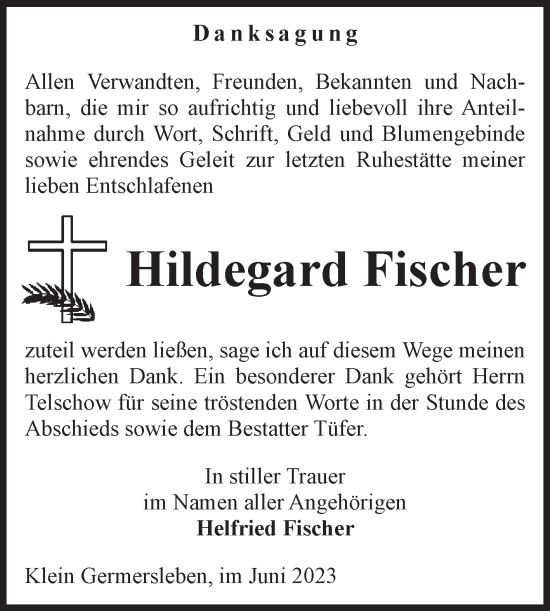 Traueranzeige von Hildegard Fischer von Volksstimme Oschersleben/Wanzleben
